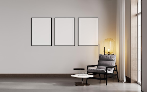 Mock up poster frames in moderne interieur achtergrond woonkamer Scandinavische stijl 3D render 3D illustratie