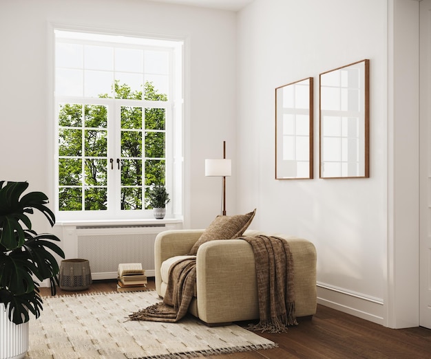 mock up poster frames in modern interior background living room scandinavian style
