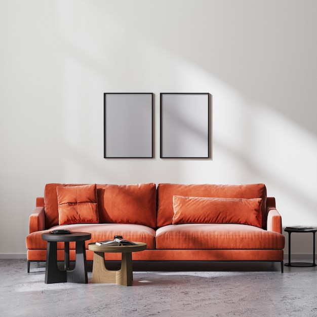 Макет рамок для плакатов в современном интерьере гостиной с красным диваном и деревянными журнальными столиками, белой стеной и сырым бетонным полом, скандинавский минималистичный стиль, 3d-рендеринг