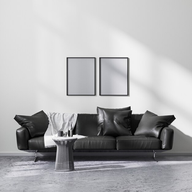 Mock up poster frames in modern minimalistic style living room interior with black sofa, 3d rendering