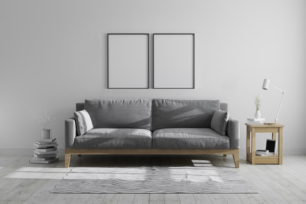 Mock up poster frames in scandinavian hipster style modern grey tones interior , blank frames in modern interior, 3d rendering