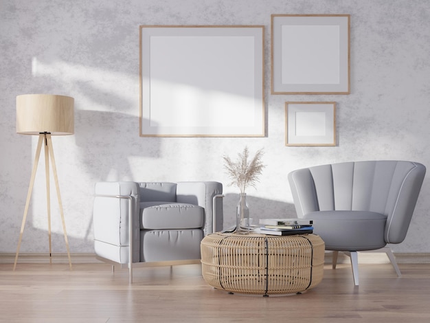 Mock-up poster in moderne woonkamer interieur met beige lege muren.3D-rendering