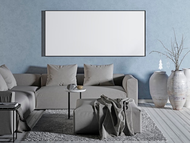 Mock-up poster leeg op de blauwe muur met een sofa in eigentijdse stijl 3d render