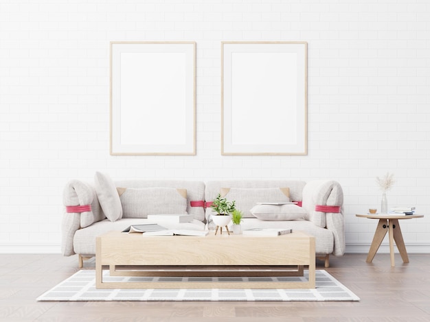 Photo mock up poster in modern living room interior design with beige empty walls.3d rendering