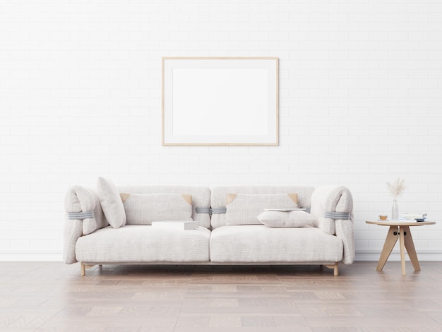 Photo mock up poster in modern living room interior design with beige empty walls.3d rendering