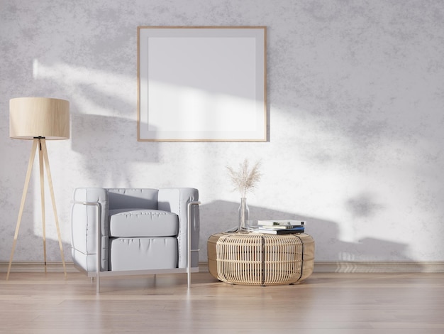 Photo mock up poster in modern living room interior design with beige empty walls.3d rendering