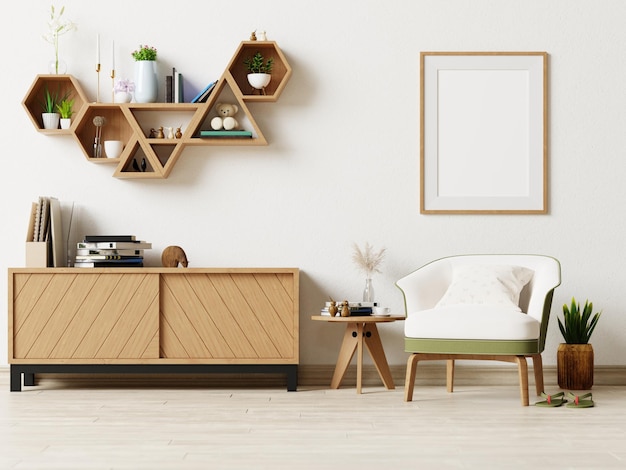 Foto mock up poster nel design degli interni del soggiorno moderno con pareti vuote beige. rendering 3d
