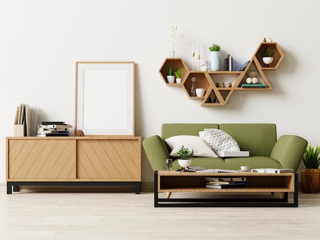 Photo mock up poster in modern living room interior design with beige empty walls.3d rendering