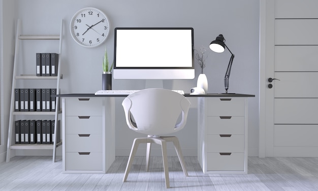 Mock up poster office with white comfortable design and decoration on white room and white wooden floor