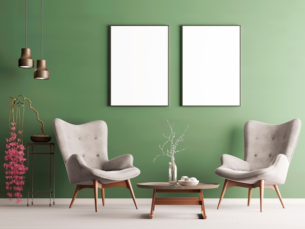 Mock up poster in pastel modern interior with green wall, soft armchairs, plant and lamps. 3d rendering