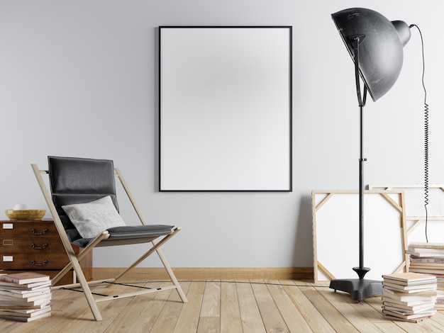 Макет плаката в городском интерьере с креслом, большой черной лампой и книгами 3d рендеринг 3d иллюстрации