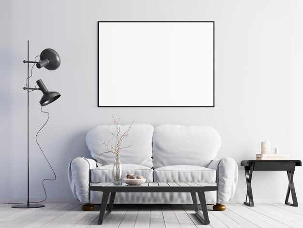 モダンなインテリアの3Dレンダリングで白いソファと白い壁にポスターをモックアップ