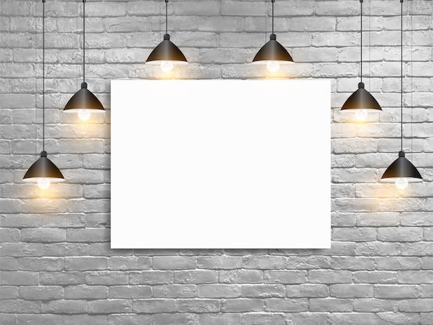 Mock up poster with ceiling lamps white brick wall