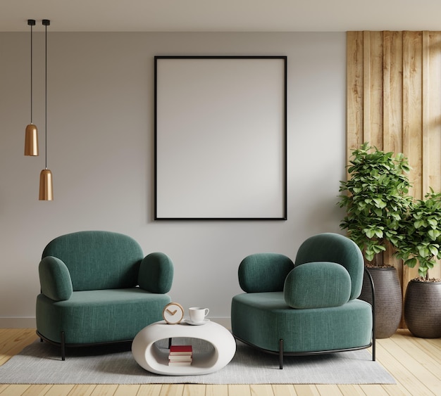 Mock-up posterframe in modern interieur met groene fauteuil en accessoires in de kamer