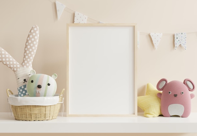 Mock up posters in child room interior on empty cream color wall background