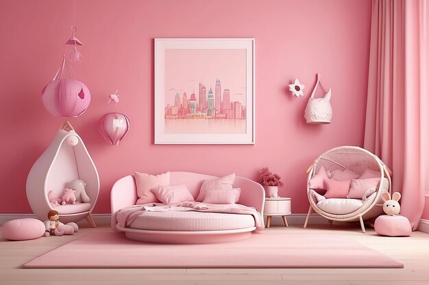 Mock up posters in child room interior posters on empty pink color wall background3d rendering