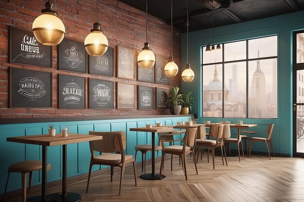 Mock up posters with retro hipster cafe restaurant interior background