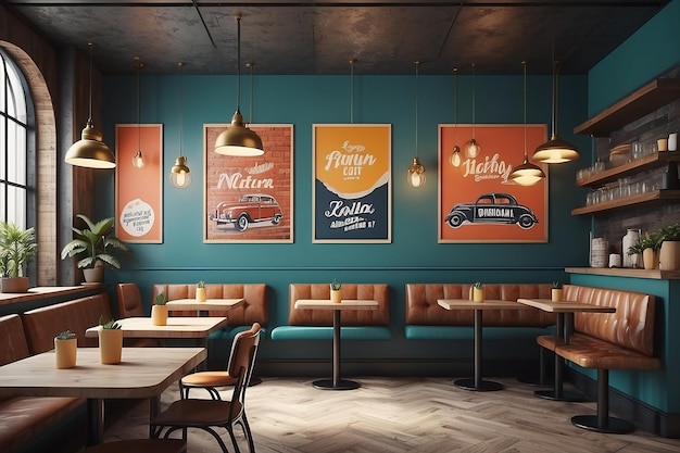 Мок-постеры с ретро-хипстерским фоном интерьера кафе-ресторана