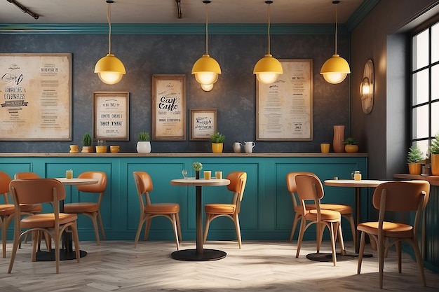 Mock up posters with retro hipster cafe restaurant interior background