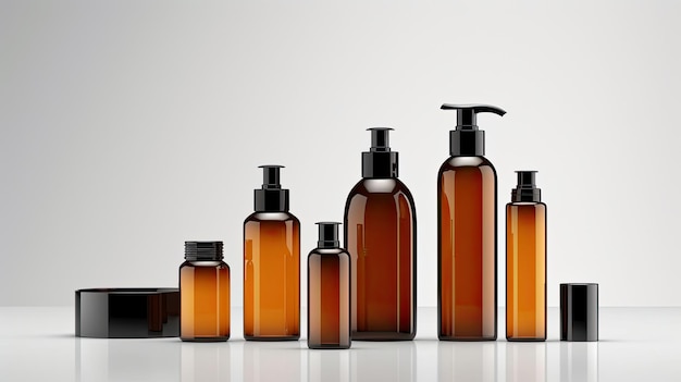 Mock up realistische glanzende amber transparant glas cosmetische zeep shampoo crème olie druppelaar en spuitflessen set met zwarte dop voor huidverzorging product achtergrond illustratie