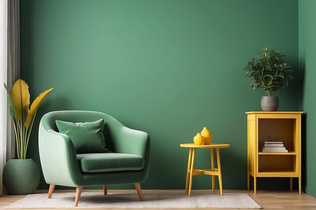 Mock up room in modern style with armchair cabinet on yellow and green wall background