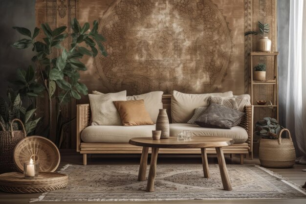 Mock up of a rustic bohemian living room in dark and beige tones Modern wallpaper furniture and decorations modern interior decor