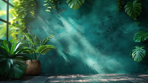 Mock up showing empty table on dark green texture wall background Shadows of monstera leaves on the wall and reflections of light Ideal for presentations branding cosmetics or food