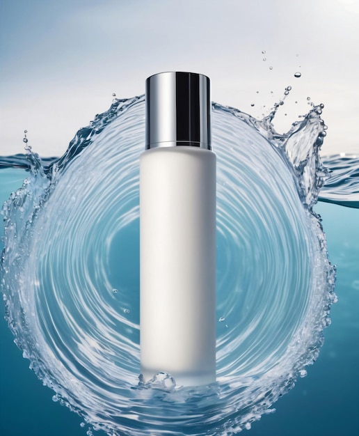 Mock up of skincare product in blank white cosmetic bottle with metal cap in sea water with splashes