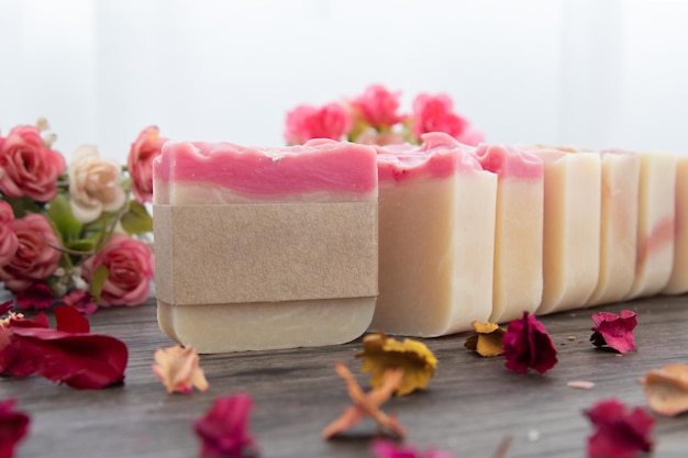 mock up for small business homemade natural organic soap ,skin product mockup scene. craft paper on cosmetic product, antibacterial handcrafted soap concept