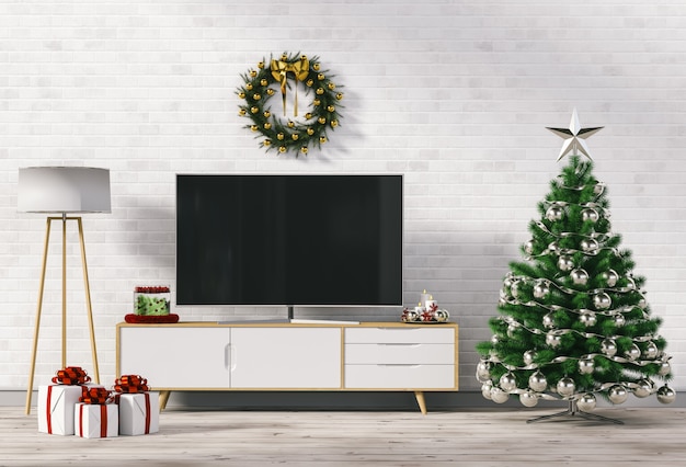 モックアップスマートテレビ。クリスマスのインテリアリビングルーム。 3Dレンダリング