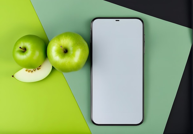 Foto mock up smartphone scherm en groene appel en groene achtergrond 3d illustratie rendering