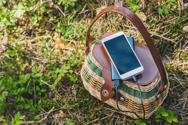 Mock up of a smartphone with charging Power Bank on a basket in the forest. Concept on the theme of outdoor recreation.