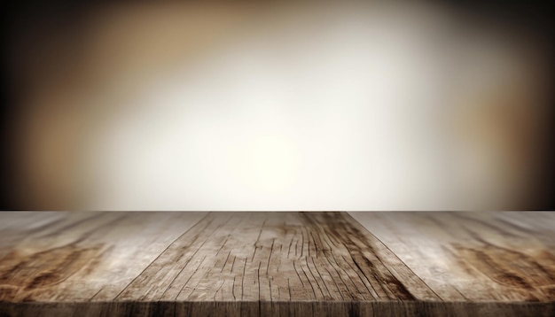 Foto mock up per lo spazio tavolo vuoto in legno scuro di fronte a sfondo bokeh sfocato astratto per la messa a fuoco selettiva della visualizzazione