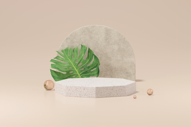 Mock up of stone and small plant forming a product podium Cosmetic presentation 3d rendering