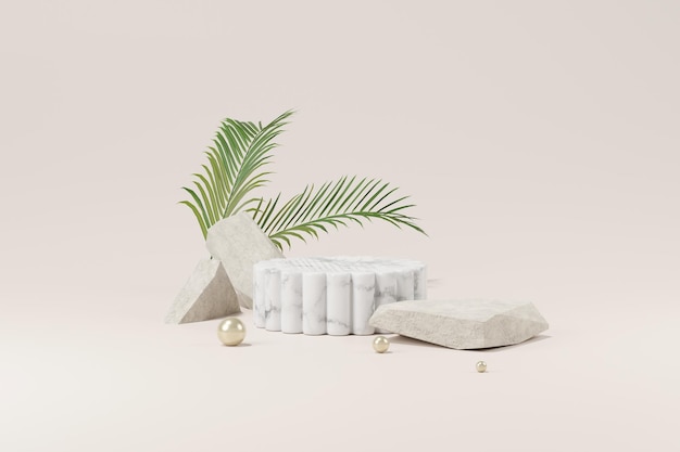 Mock up of stone and small plant forming a product podium Cosmetic presentation 3d rendering