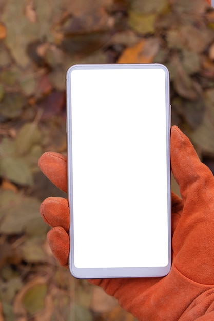Mock-up telefoon in de hand in een oranje handschoen tegen de achtergrond van gevallen herfstbladeren