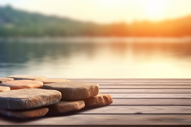 Photo mock up template a stack of stones on a wooden deck with a lake in the background