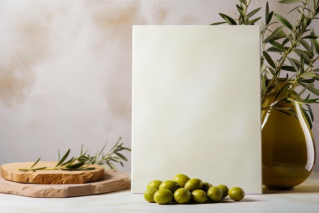 Foto mock up che cattura l'essenza dell'olio d'oliva come ispirazione culinaria olive verdi