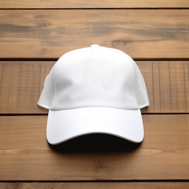 Foto mock up trucker cappello con tavolo di legno