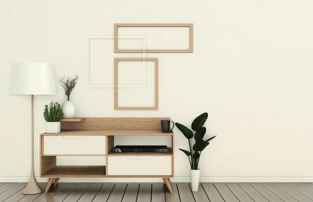 Mock up tv mobile in moderna stanza vuota giapponese - stile zen, design minimal. rendering 3d