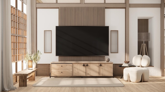 禅モダンな空の部屋のテレビキャビネットのモックアップ日本のミニマルデザインの3Dレンダリング