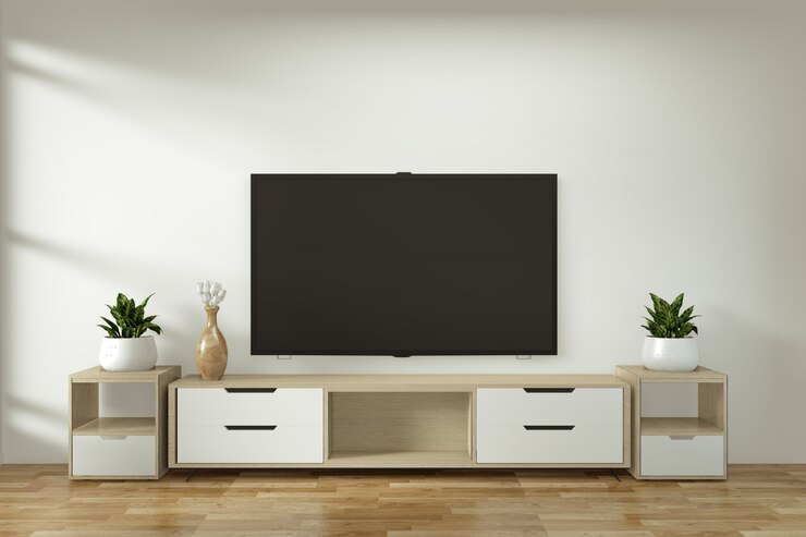 Photo mock up tv cabinet in zen modern empty room japanese minimal style