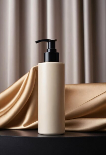 Mock up of unbranded cosmetic bottle with pump dispenser on podium with silk satin fabric curtains