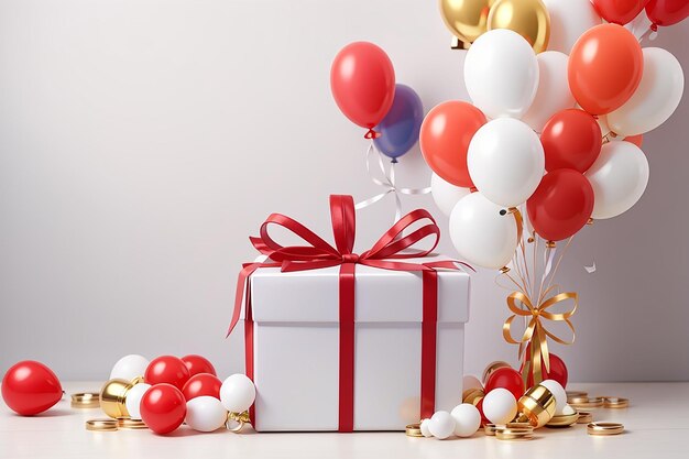 Mock-up van cadeau doos en ballonnen op witte ruimte