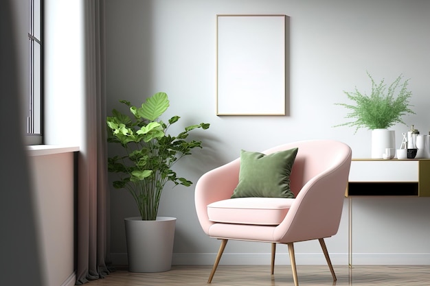 Mock up van een huisinterieur van een mooie moderne woonkamer met een roze stoel