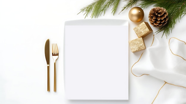 Mock-up van het kerstmenu met wit schotelgoed, zilverwerk en decoraties op de achtergrond