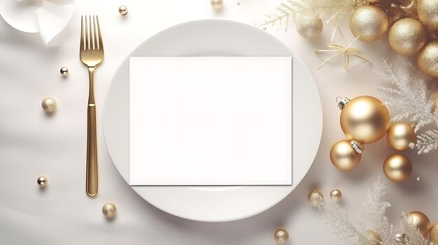 Foto mock-up van het kerstmenu met wit schotelgoed, zilverwerk en decoraties op de achtergrond