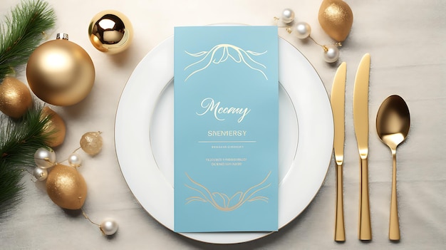 Foto mock-up van het kerstmenu met wit schotelgoed, zilverwerk en decoraties op de achtergrond