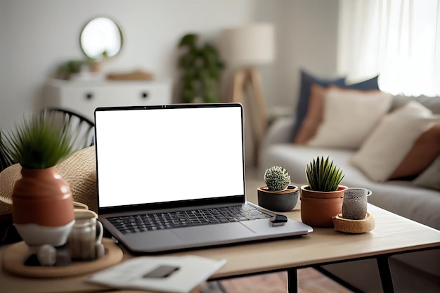 Mock up van leeg scherm laptopcomputer op bureau in moderne woonkamer