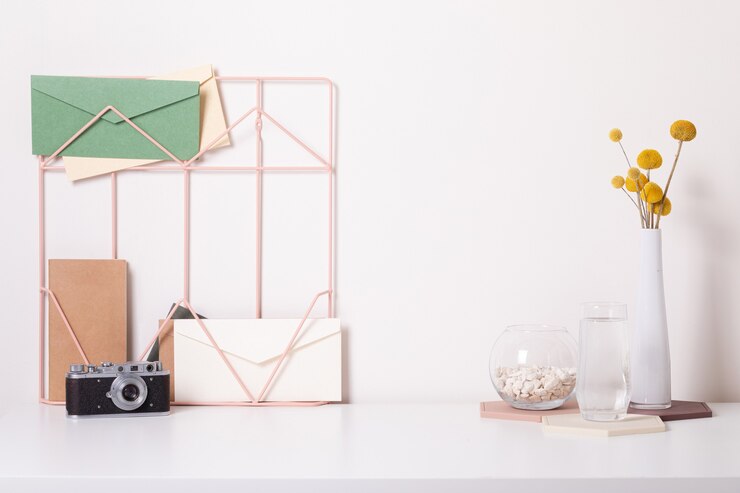 Mock up van vrouw werkplek op lichte achtergrond. Zakelijk bureau met gouden kleuren. Modern ontwerp. Minimale stijl.